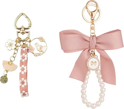 RUIYUE 2Pcs Pink Bow Pearl Chain Keychain, Pink Keychain 